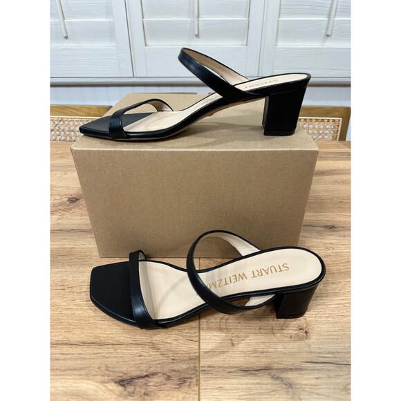 Stuart Weitzman Aleena 50 Block Heel Sandals Black Leather Size 8.5 NWOB Sleek - Picture 4 of 11